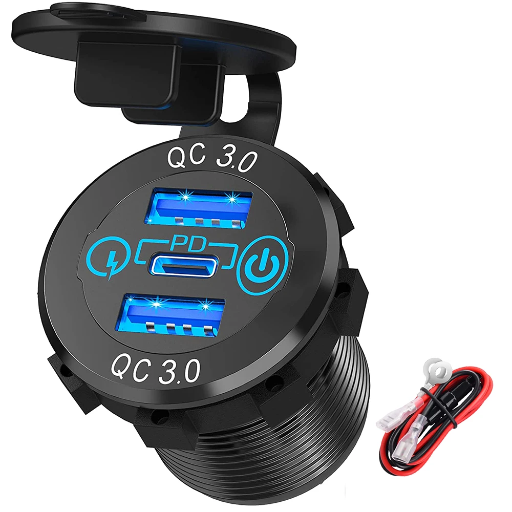 DaierTek Car USB Charger Socket Metal 60W Car Charger 12V 24V USB Outlet PD USB-C & Two QC3.0 Ports Touch Switch For Boat Marine