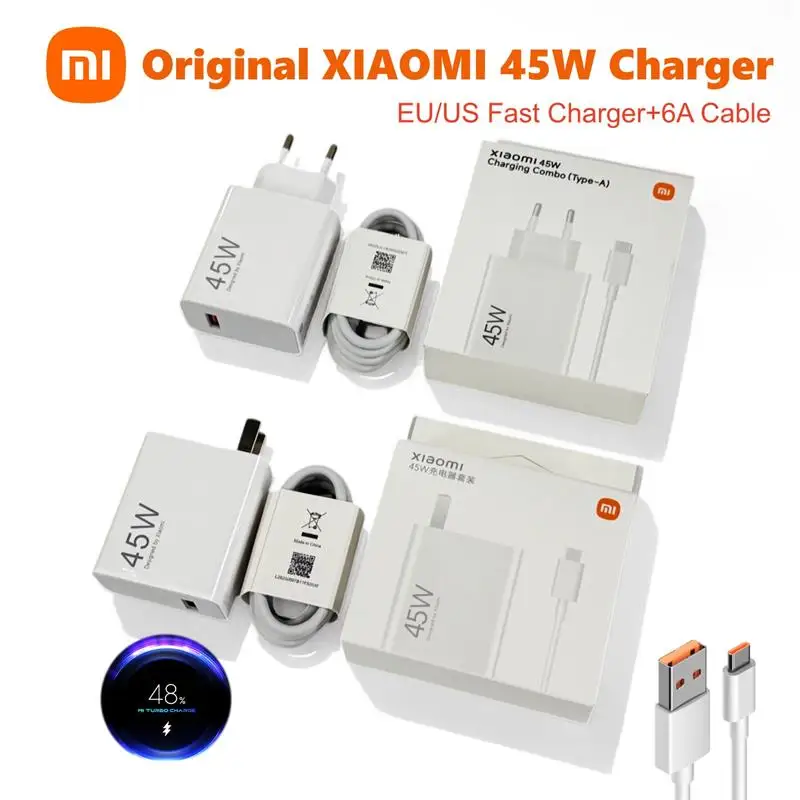 Caricabatterie Originale Xiaomi 45W con Spina EU/US, Adattatore Caricatore Turbo Veloce per Redmi Note 15 14 Pro 17 15C 15 A5 Poco M8 M7 C85 Pad 8 7
