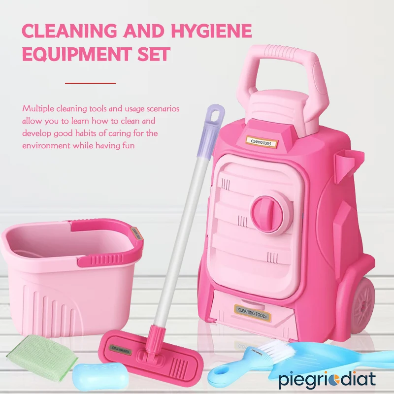 Kids Cleaning Set with Trolley - 11 PCS Pretend Play Housekeeping Kit, Kids Broom, Dustpan, Mop, Bucket, Sponge, Spray Guns Toy