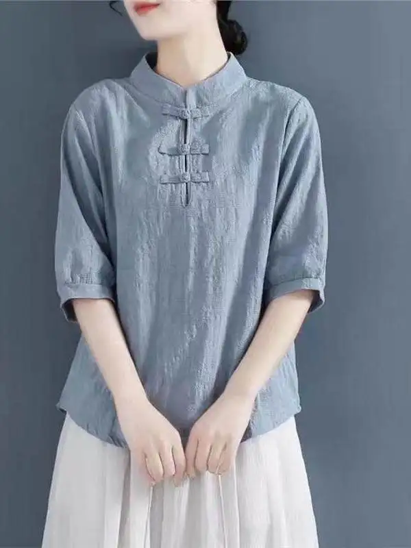

Summer Thin Pure Color Women's Cotton Loose Fit Breathable Versatile Mom's T-Shirt Five-Quarter Sleeve Casual Shirt