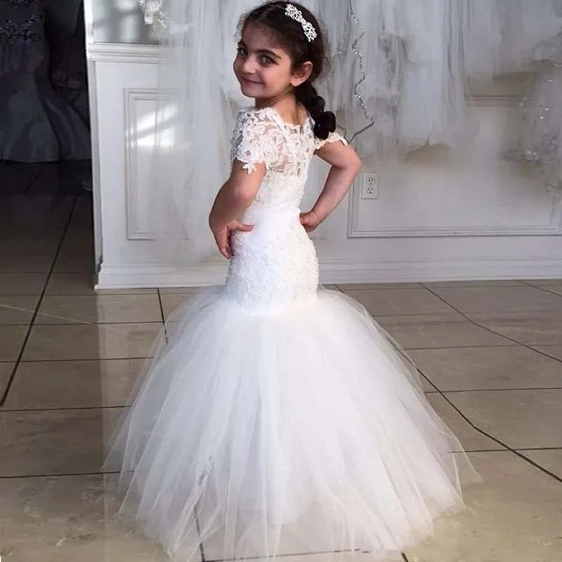 

Customized White Mermaid Baby Flower Girl Dresses Tulle Lace Children Wedding Prom Party Gowns First Communion Dress New