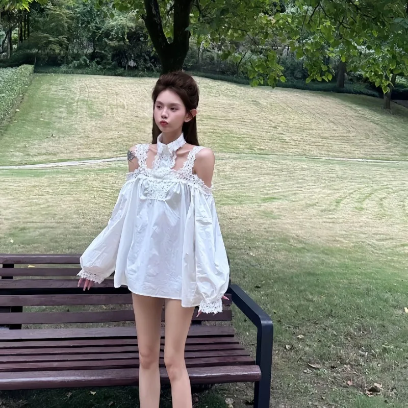 

Korean Hollow Hook Flower Patchwork Off Shoulder Shirt Women Spring Sexy Long Sleeve Loose Design Tops Fashion Blouses