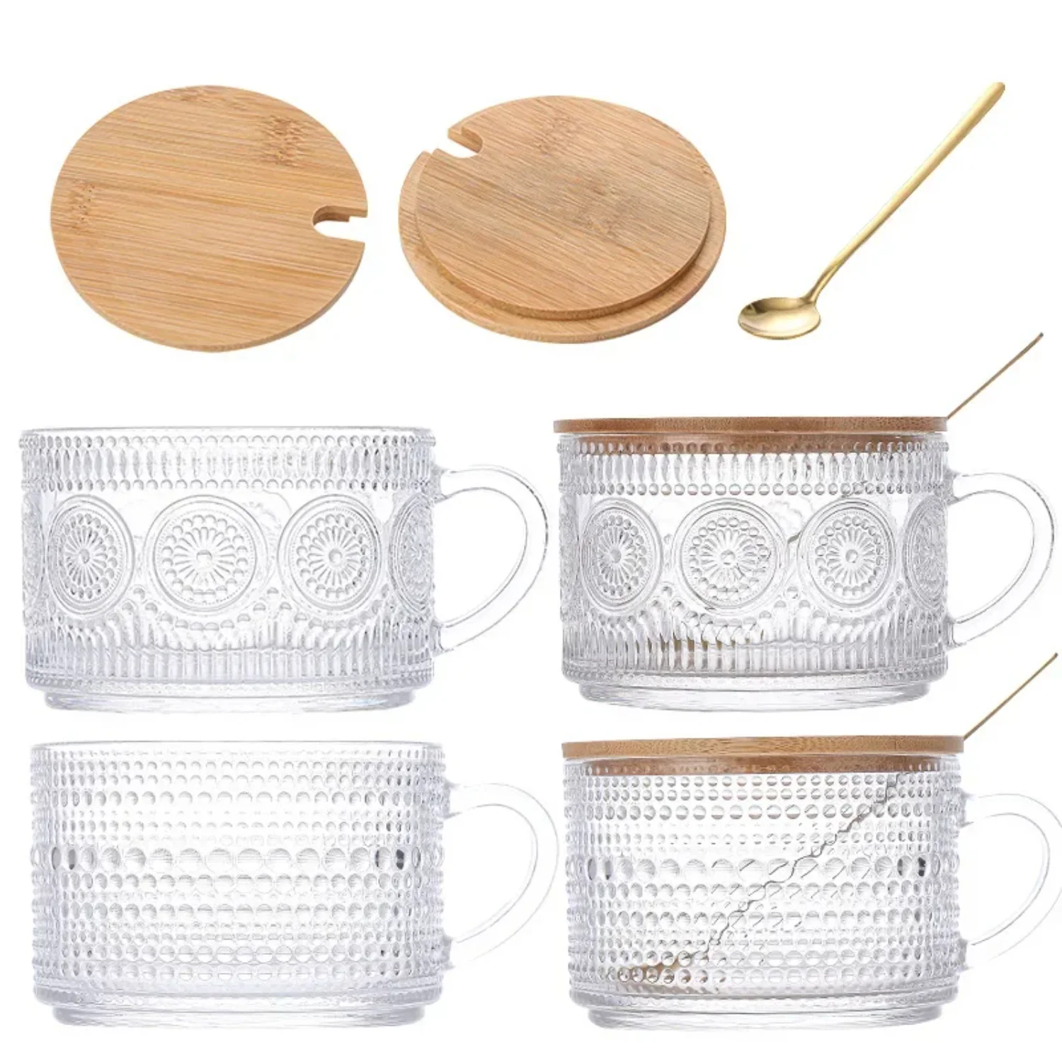 

150ml Vintage Oat Cup with Bamboo Cover Spoon Coffee Cup Transparent Glass Handle Cup Embossed SUNFLOWER Breakfast Cup