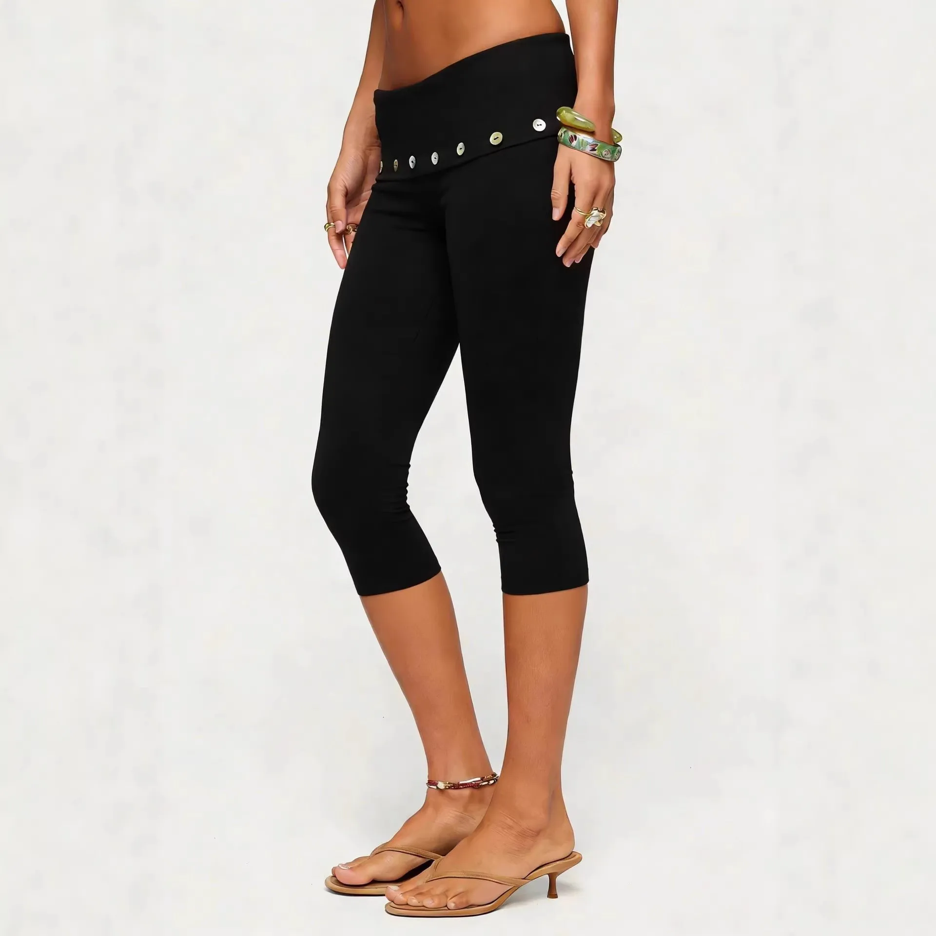 Women High Waist Black Leggings Capri Cropped Tights Seamless Solid Color Slim Pants Stretch Fabric Fold Over Waist Brown