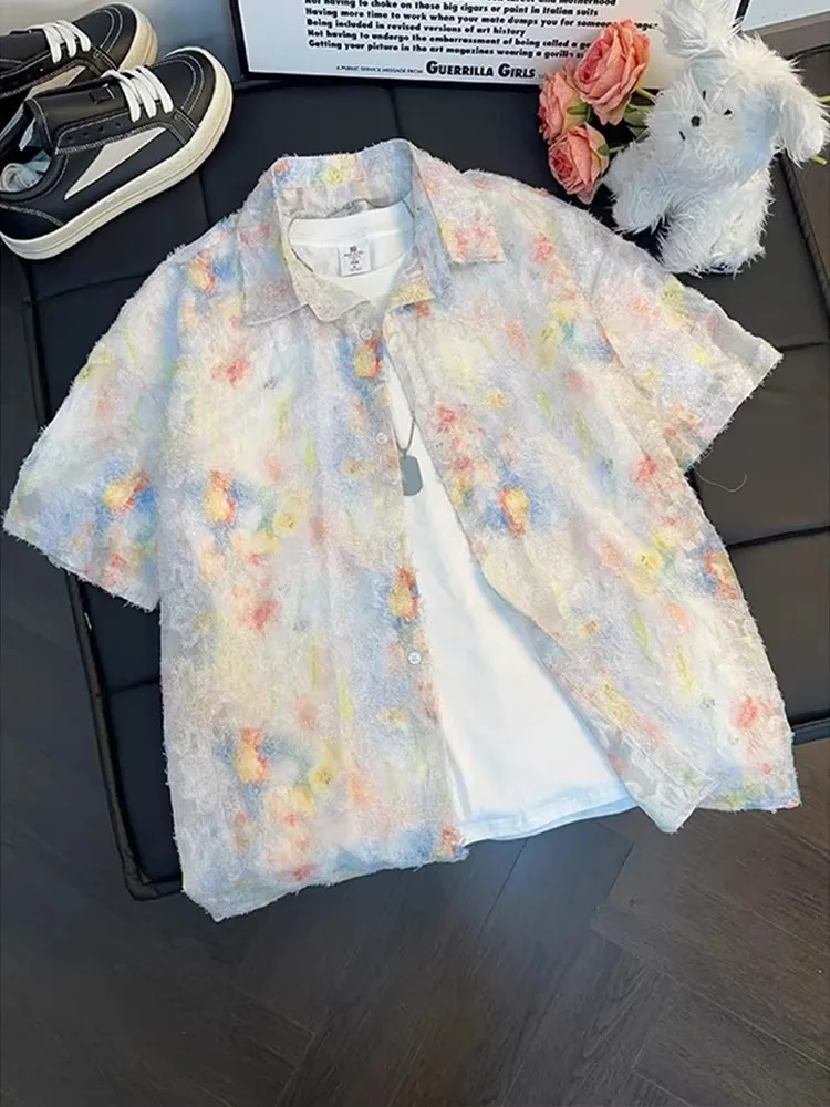  Lace Trimmed Embroidered Short Sleeve Men's Shirt Hawaiian Vacation Style American Sun Protection Five Sleeve Shirt