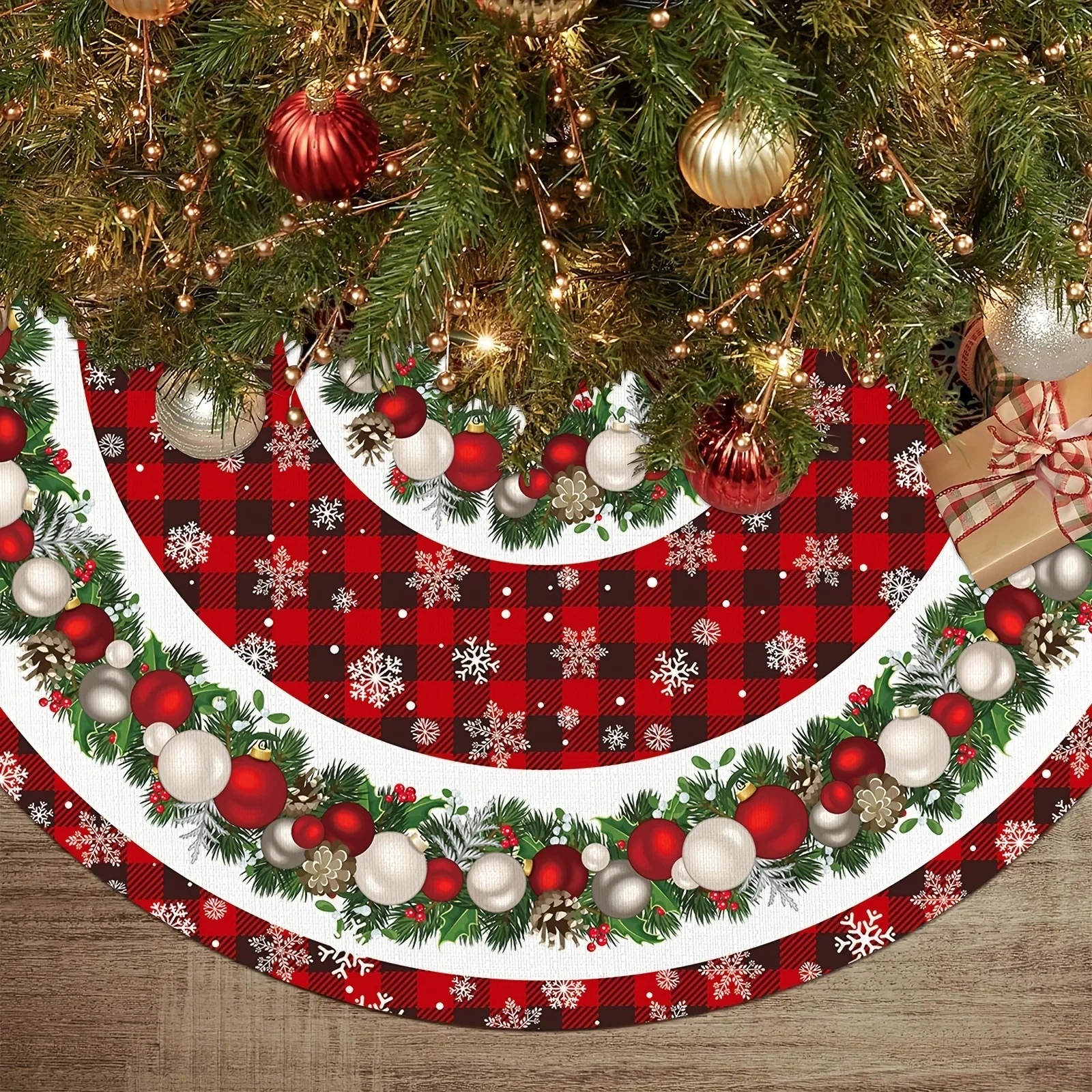 VIKAMA Garland Snowflake Printed Christmas Tree Dress, Durable Christmas Tree Skirt Pad, Holiday Decoration Item