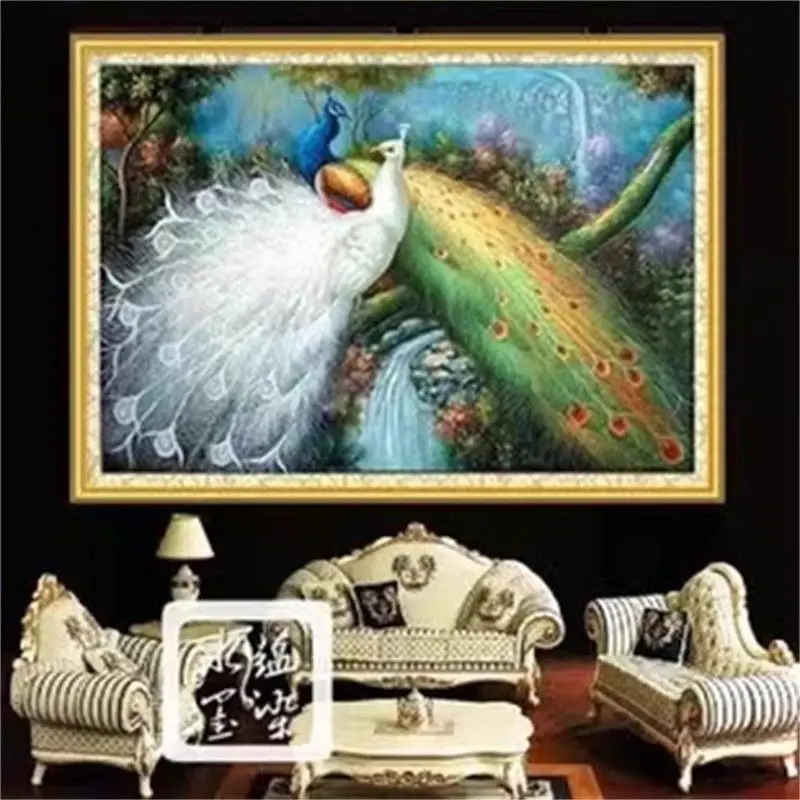 

Handmade cross stitch finished product Green light forest peacock scenery New Chinese style latest China-Chic living room