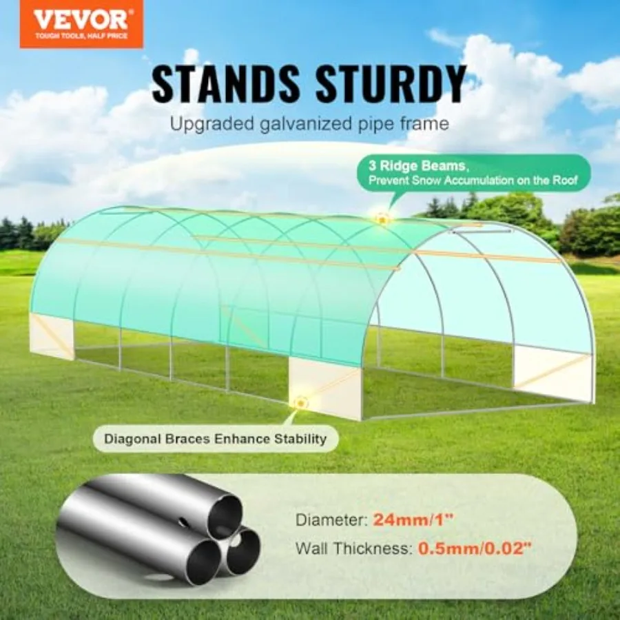 Walk-in Tunnel house, x6.5 Feet Hoop House house Tunnel, Plant Hot House with Galvanized Steel Frame, PE Cover, Roll-up Zipper