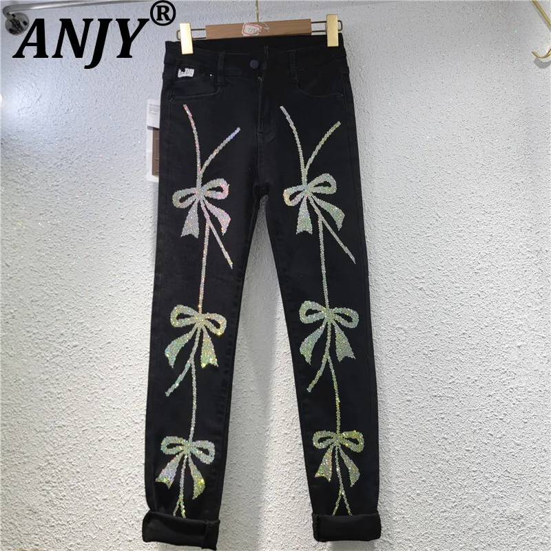 

ANJY Осенние новые женские джинсы с шипами и бантом с бриллиантами, облегающие джинсовые брюки High Street, элегантные шикарные укороченные брюки-карандаш Y2K A9592