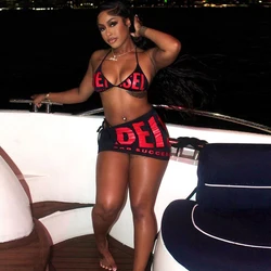 Letter Print Black 3 Piece Skirt Sets Summer Beach Bikini Sets Sexy Club Outfit Women 2024 Bathing Suits