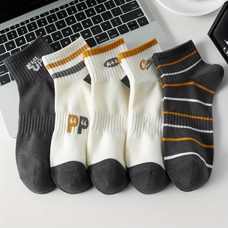 5 Pairs Men\'s Striped Short Socks with Wide Cuffs and Letters, Sports and Leisure Socks Summer Blending Boat Socks