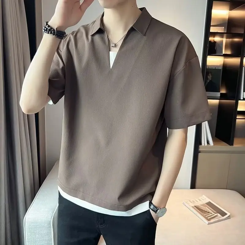 Men Fake Two Piece Polo Shirt V Neck Short Sleeve Loose Casual Solid Color Tee For Summer