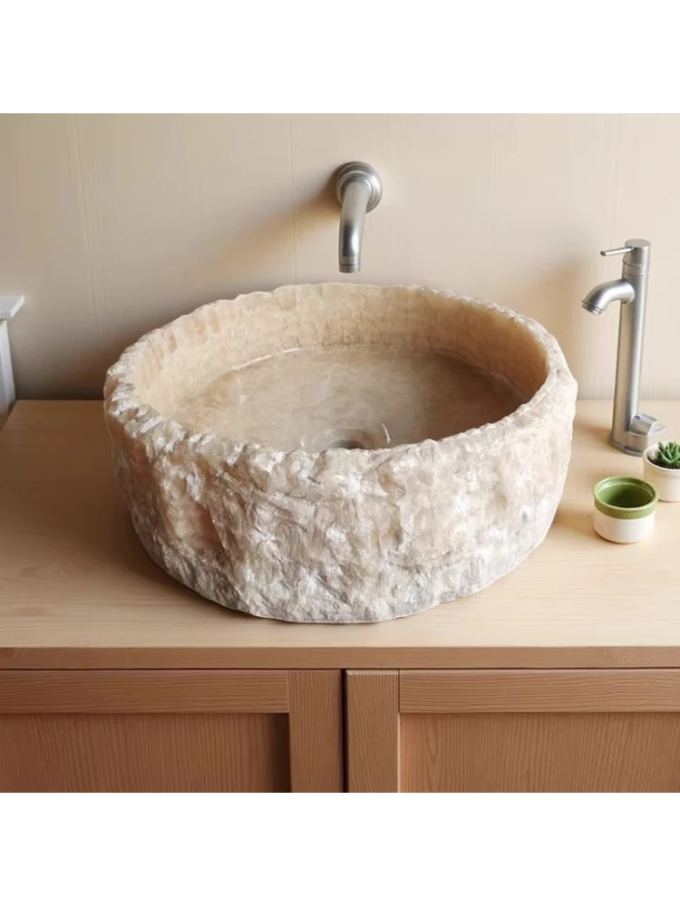 

Natural rice topaz cylindrical retro stage basin wabi sand wind marble washbasin