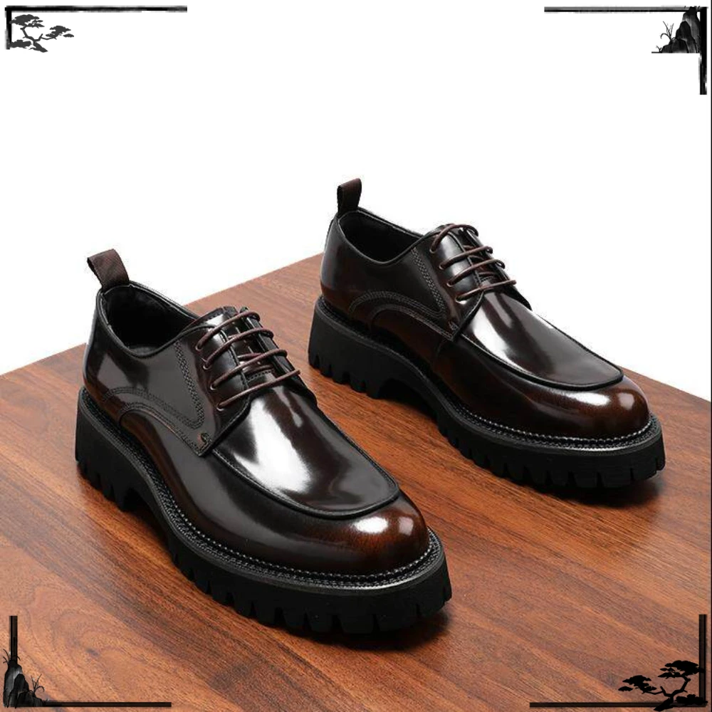 Men's Spring Formal Leather Derby Shoes Glossy Genuine Leather Thick Sole Height Increasing Business Casual Wedding Shoes