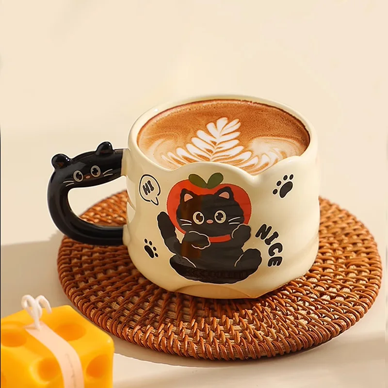 4 Kitty Design Creative Stacking Cute Cup High Beauty Ceramic Water Cup for Office Kittens Makeup Cup with Hand Gift Birthday