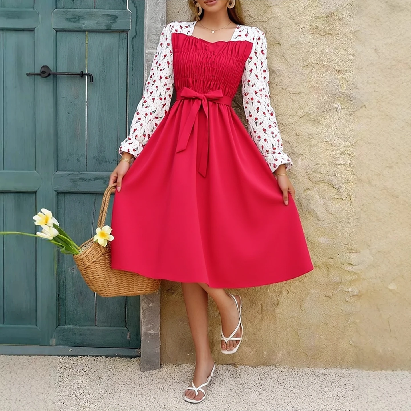 ยูโอ มูโอชุดเดรสแขนยาวผ้าชีฟองสำหรับฤดูใบไม้ผลิและฤดูร้อน ชุดเดรสยาวปานกลางสำหรับผู้หญิง เอวยางยืด ลายพิมพ์ดอกไม้ แต่งผ้าแบบแพทช์เวิร์ค ชุดลำลอง