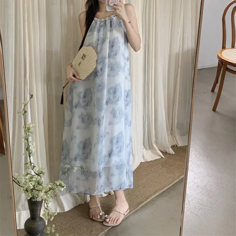 Summer Women's Halter Camis Pullover Tie Dye Pullover Gauze Beaded Gradient Sleeveless Casual Elegant Loose Vintage Ankle Dress