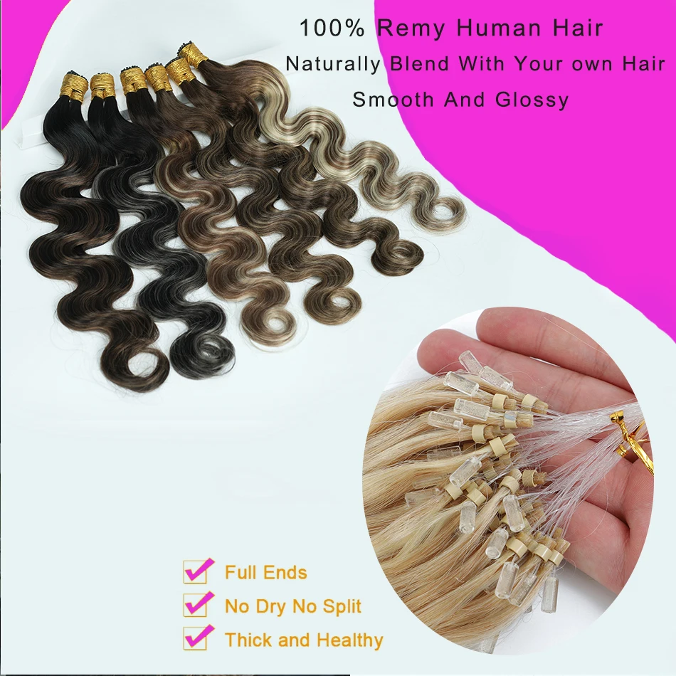 Wavy Micro Loop Ring Human Hair Extensions Body Wave Natural Blonde Black Remy European Hair Highlight Balayage Grey 50 Strands