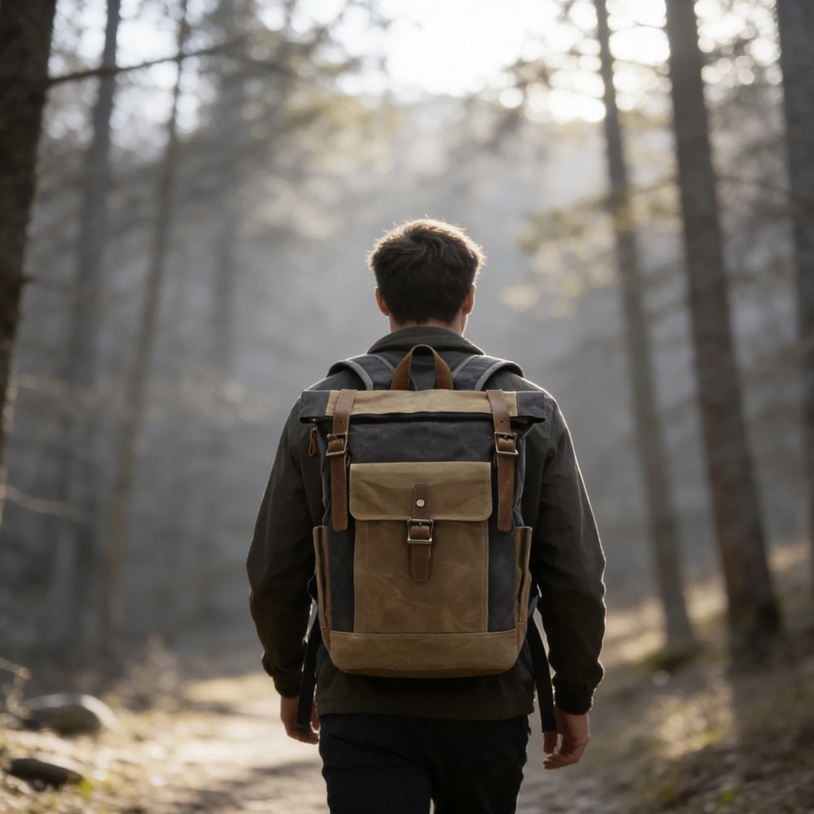 Retro Waxed Canvas Roll-top Backpack for Men with Crazy Horse Leather 13 inch Laptop Large Casual Mochila Work Travel Hiking