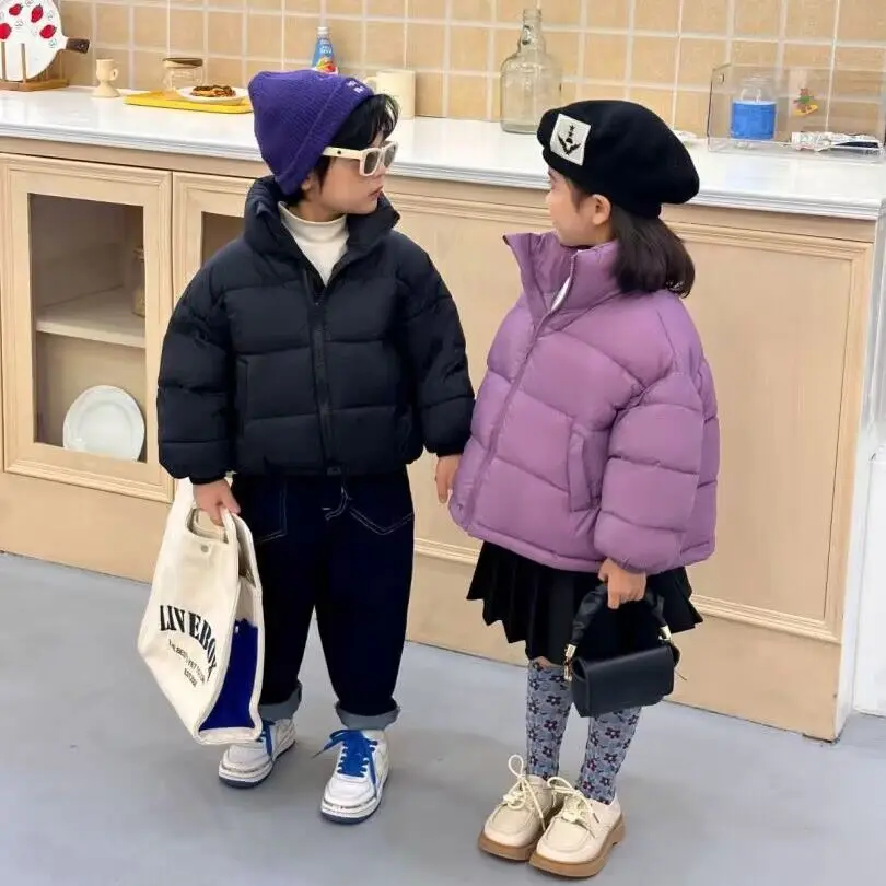 Children Boys Short Thick Parkas Standing Collar Silk Floss Bread Jacket for Boy Girl Letter Warm Solid Toddler Boys Winter Coat