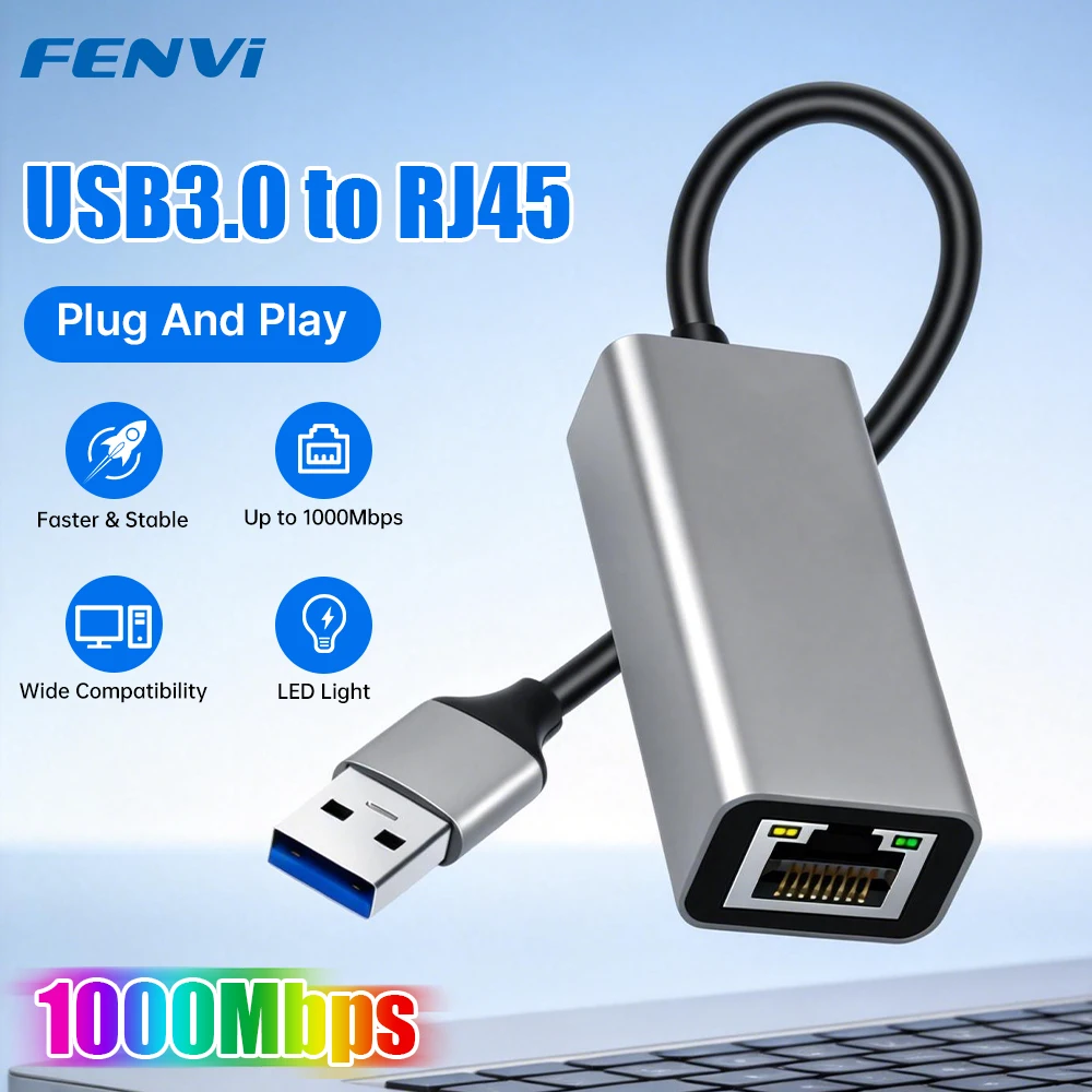 

Адаптер Ethernet FENVI 1G USB 3.0 к RJ45, 10/100/1000 Мбит/с, проводная сетевая карта, конвертер RTL8153 для ПК, Macbook, Windows 10, ноутбуков