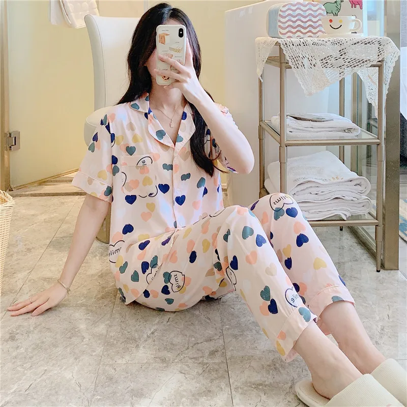 Pajamas Women Summer Short Sleeve Print Sleepwear Homewear Kawaii Korean Style Pajamas Set Home Clothes