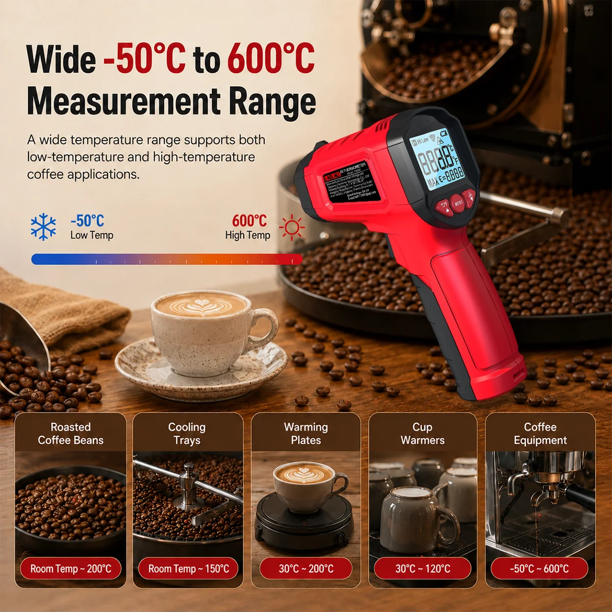 Infrared Coffee Thermometer Gun Non Contact Temperature Meter -50 to 600C Adjustable Emissivity Coffee Roasting Coffee Equipment