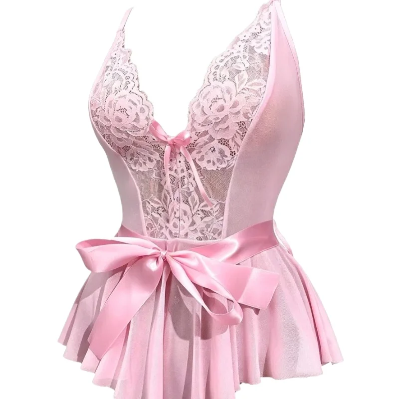 Sexy Waist Belt Floral Lace Mesh Pajamas Bodysuit, Shapewear With Bow Stitching Lace, Open-Back See-Through Sexy Lingerie Bodysuit Available