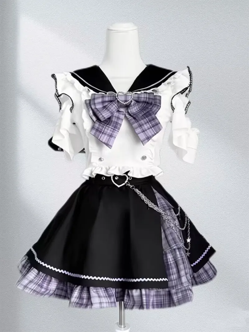 

Lolita Skirts Sets 2 Piece Sets Womens Outfits Aesthetic Kawaii Bow Sailor Collar Plaid Shirt Ruffles Y2k Mini Cake Skirts