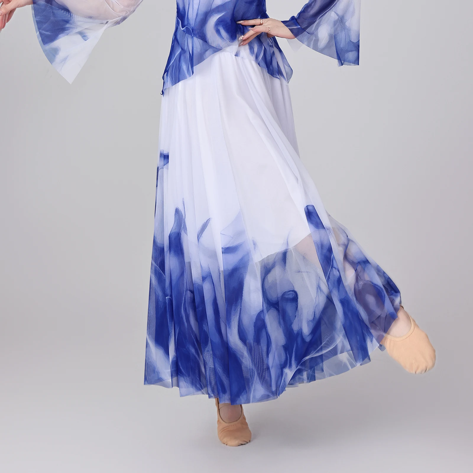 Women Oriental Dance Ink Painted Maxi Skirts Contrast Color Big Swing Mesh Skirt Dancwear for Classic Dance Lyrical Modern Dance