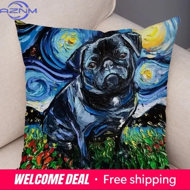 Colorful Oil Painting Pet Animal Pillowcase Starry Sky Art Cartoon Dog Cushion Cover Decorative Sofa