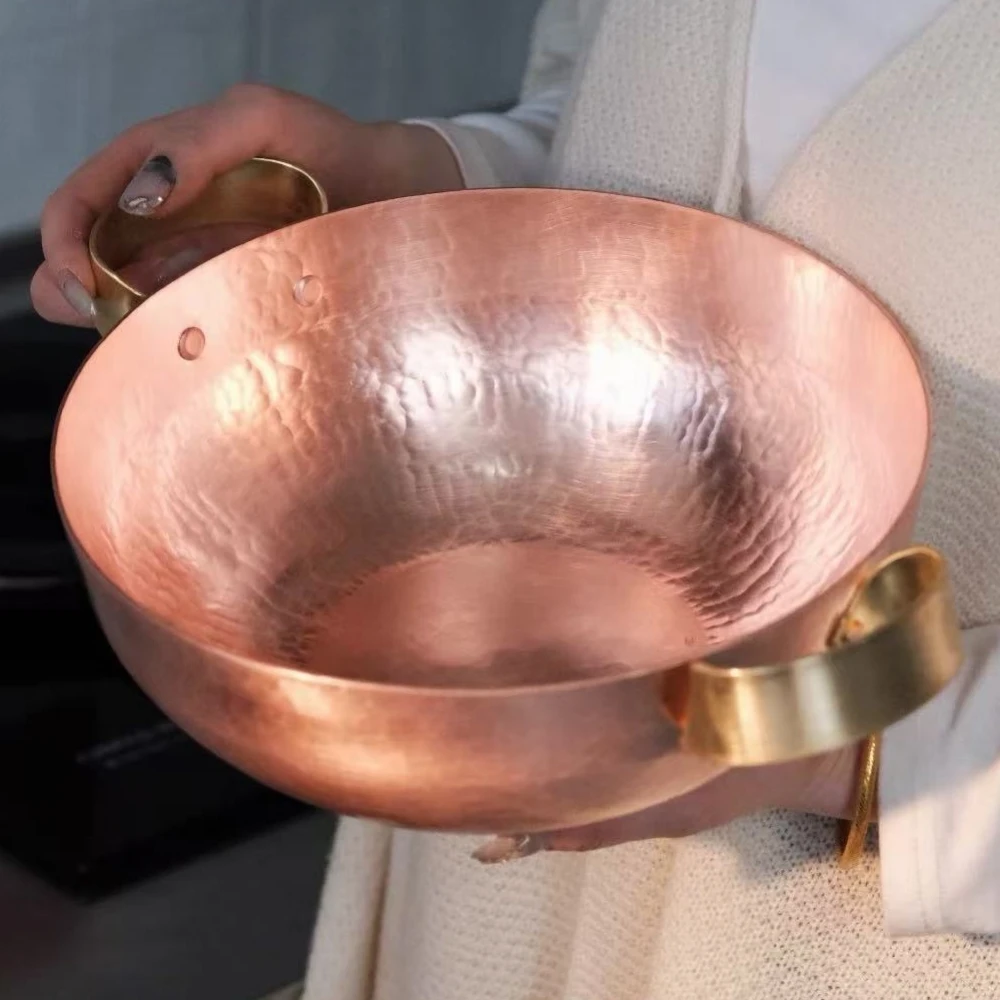 Vintage Copper Pot,Thickened Hot Pot Cooking Utensil Simmering and Pasta Stewing,Handcrafted Hammer Texture Brass Handles Pot