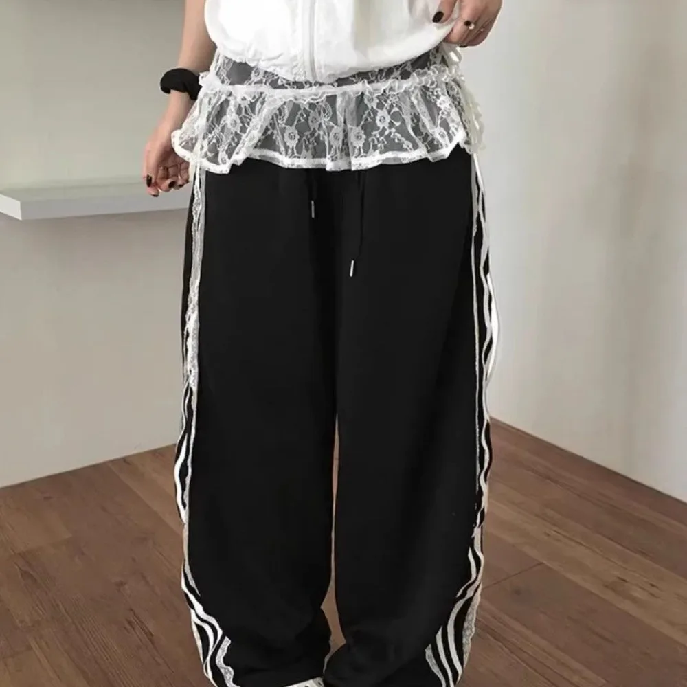 Y2K Black White Side Striped Straight Baggy Pants Sweet Lace Unique Punk Dance Women Men Casual Hip Hop Long Pants Elastic Waist