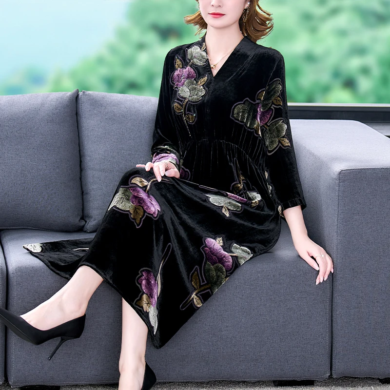 2023 New Fashion Silk Velvet Dress Women\'s Autumn And Winter Versatile Printed Dress French Loose Fit Casual Vacation Vestidos