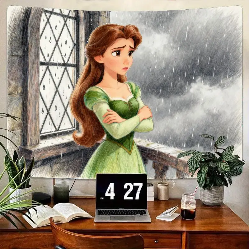 

1PC Pensive Princess Green Dress Tapestry Rainy Window Scene Wall Art Modern Polyester Bedroom Dorm Decor Gift for Girls