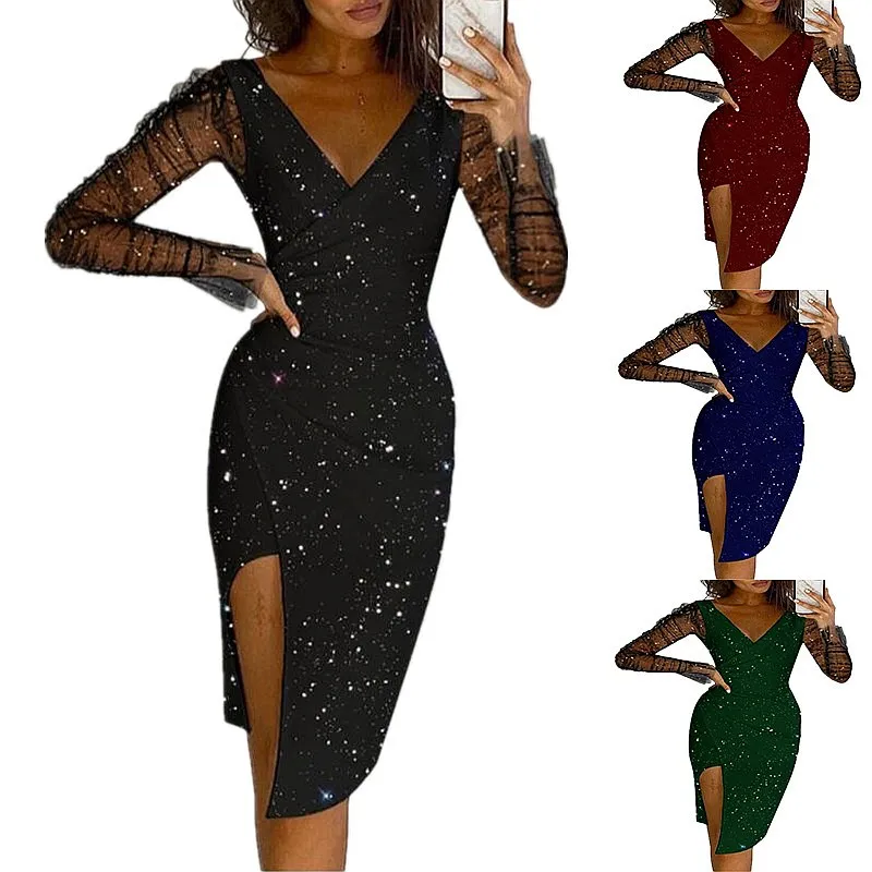 V Neck Bodycon Mesh Dress Evening Gown with Rhinestone, Dresses for Women Spring Summer