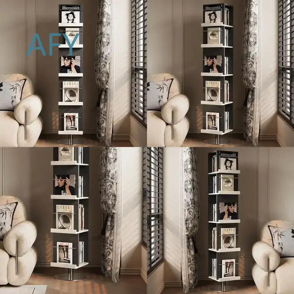 for Home Black and White Rotating Bookshelf for Magazine Storage Floor to Ceiling Turntable Bookshelf Solid Wood Cream Style