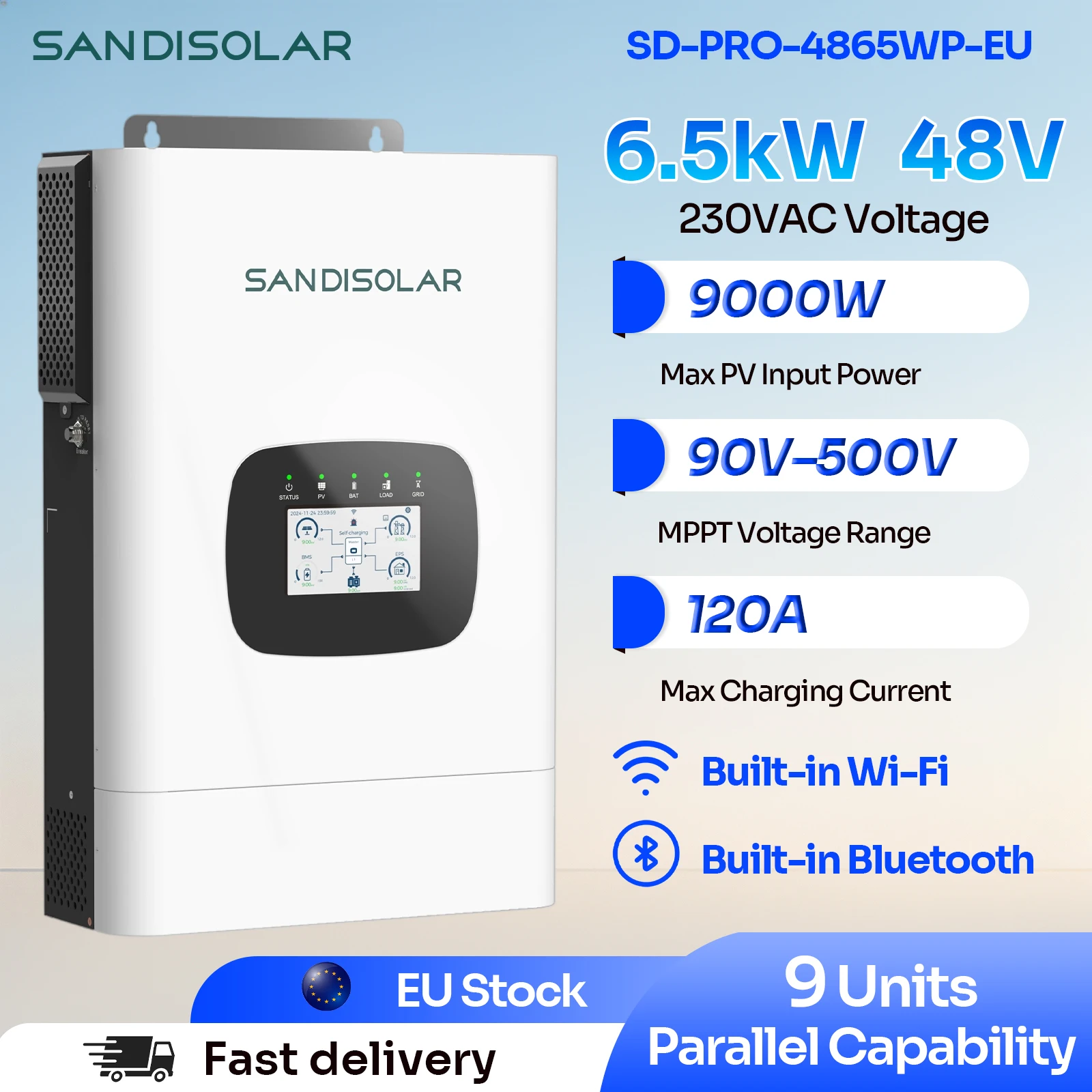 SANDISOLAR 6500W Off-Grid Solar Hybrid Inverter 48V with Pure Sine Wave 4ms UPS Transfer Smart Touchscreen Display for Renewable Energy Systems