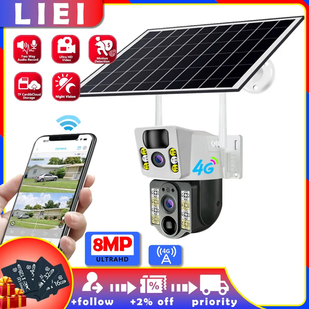 

LIEI 8MP 4K Wireless Solar Camera 4G Outdoor Dual Lens Wifi IP Camera PIR Night Vision V380 Pro CCTV Security Protection Monitor