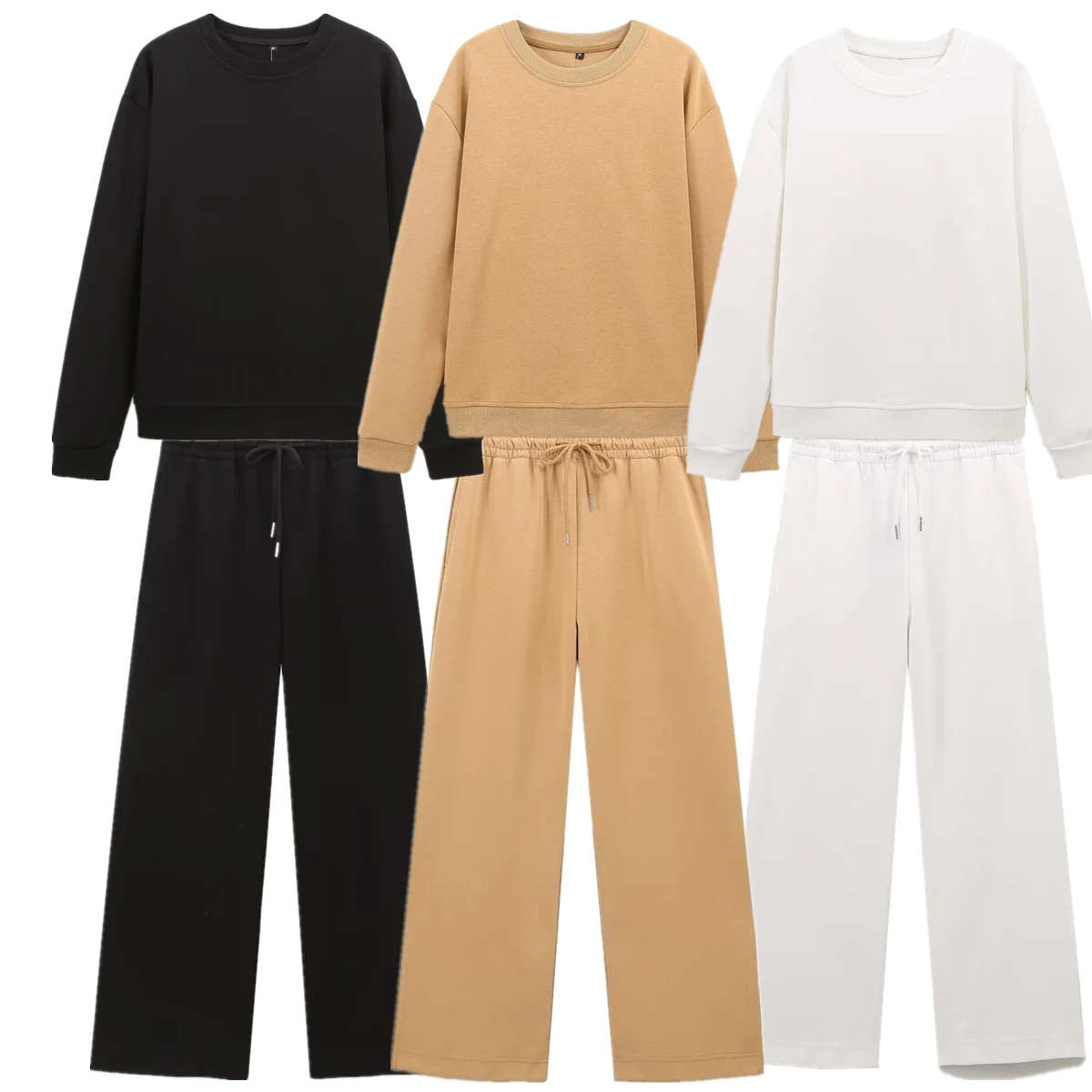 

Maxdutti Minimalist Solid Color Round Neck Pullover Sweatshirt With Elastic Harem Casual Pants Set Women