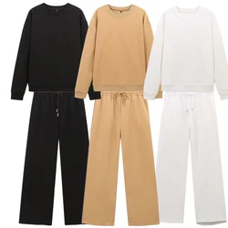 Maxdutti Minimalist Solid Color Round Neck Pullover Sweatshirt With Elastic Harem Casual Pants Set Women