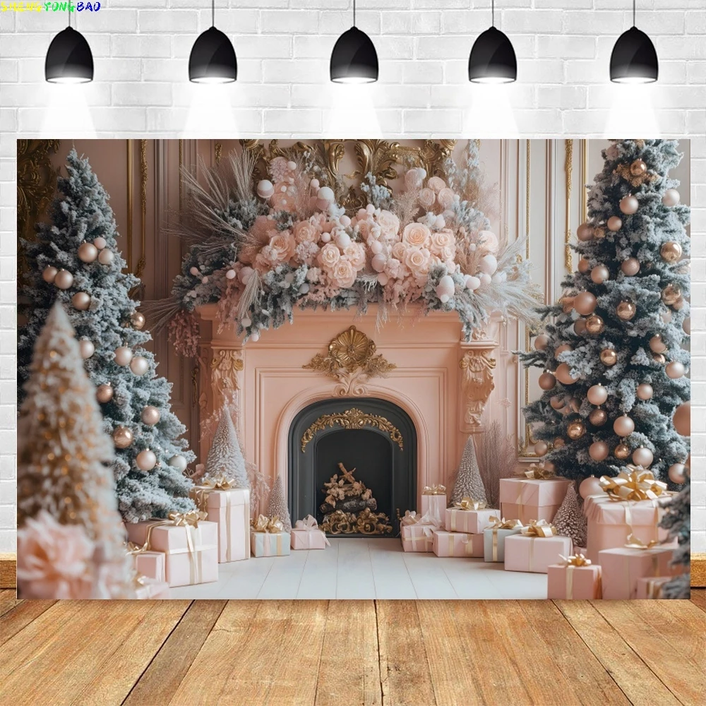 

Winter Fireplace Theme Christmas Backdrop Photography Christmas Trees Kids Family Holiday Party Decor Banner Background Props