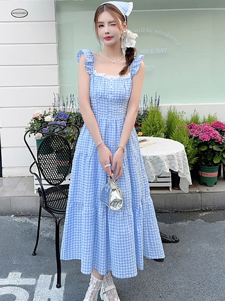 

2026 Blue Plaid Chic Lace Square Collar Dress Women Elegant Ruffled Sling Long Dress Summer Korean Fashion Bodycon Home Dresses