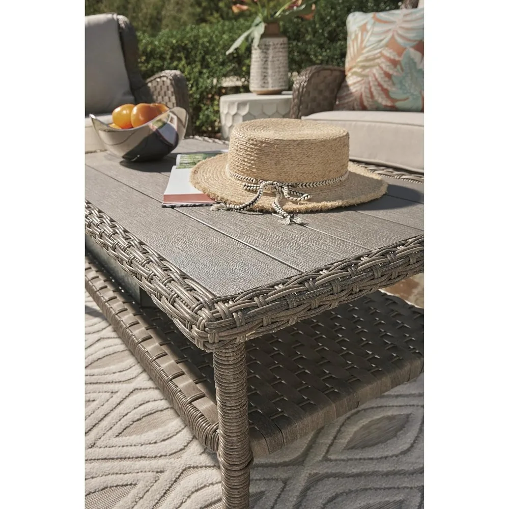 Clear Ridge Outdoor Vime Coffee Table, Rust Free Aluminum Base, Castanho Claro