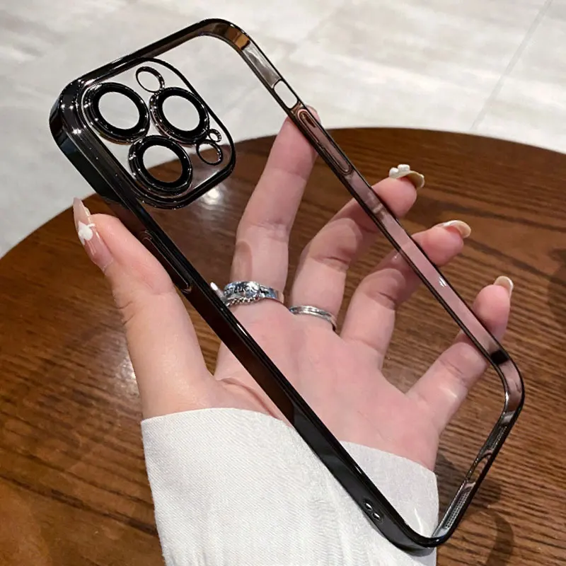 Luxury Plating Clear Silicone Phone Case For iPhone 16 17 15 14 13 12 11 Pro XR XS Max Mini Plus Lens Protection Case Back Cover - náhled 4