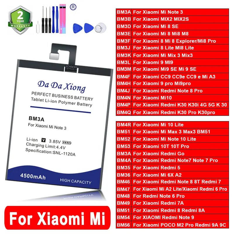 

DaDaXiong Battery For Xiaomi Note 7 10 10T Pro Redmi Go 5 Mi 6X A2 2 3 5 6 8 Lite CC9e K30i Max BN46 BN47 48 49 51 54 56 BM3K