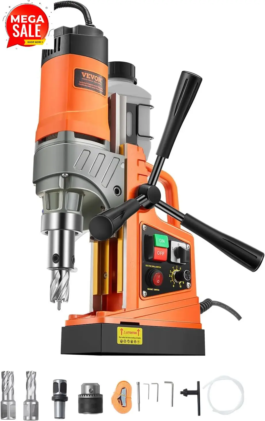 Magnetic Drill, 1450W Motor 1.6 in Boring Diameter, 2810 lbf Portable Electric Mag Drill Press, with 2 Coring Bits, Variable Spe