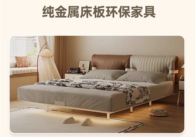 Carbon steel suspension bed removable and washable leather cloth  friendly flush edge master bedroom double bed