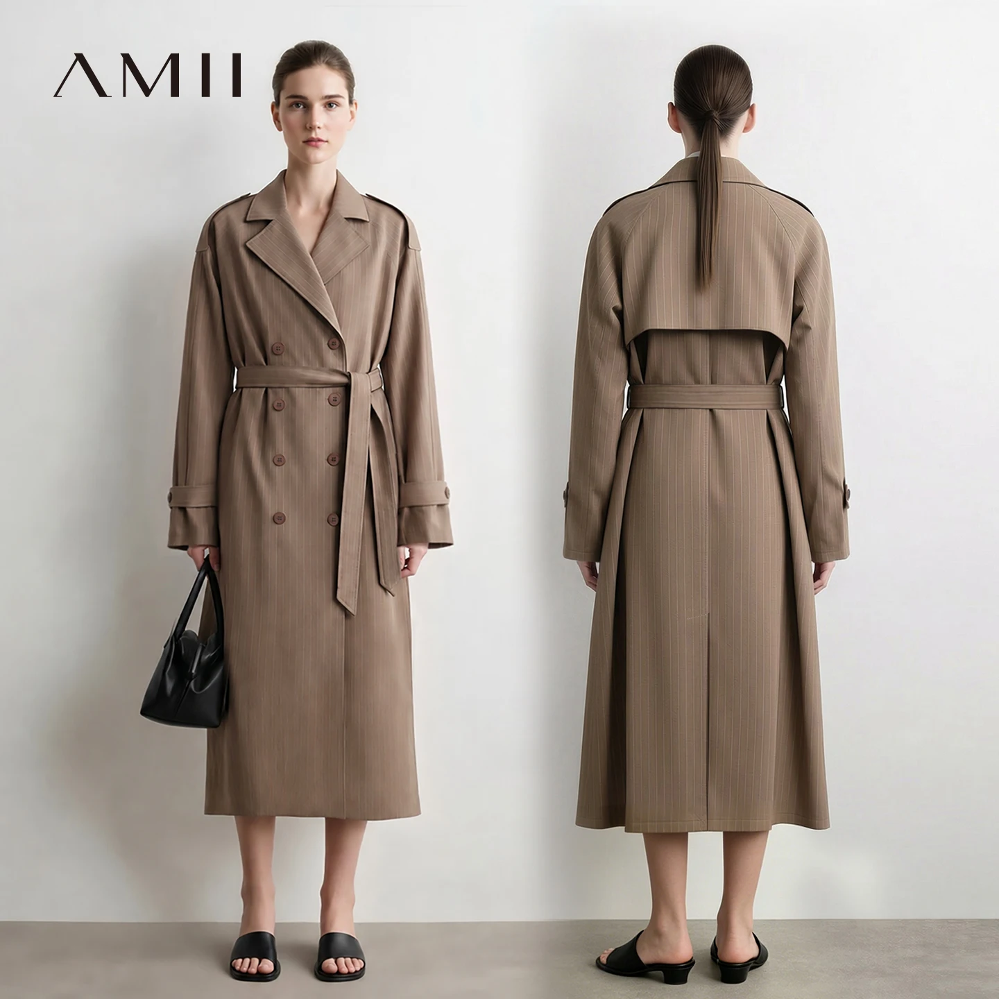 Amii Women Long Trench Coat Lapel Collar Double-Breasted Oversized Slimming Minimalist Commuter Autumn Female Clothing 12643065