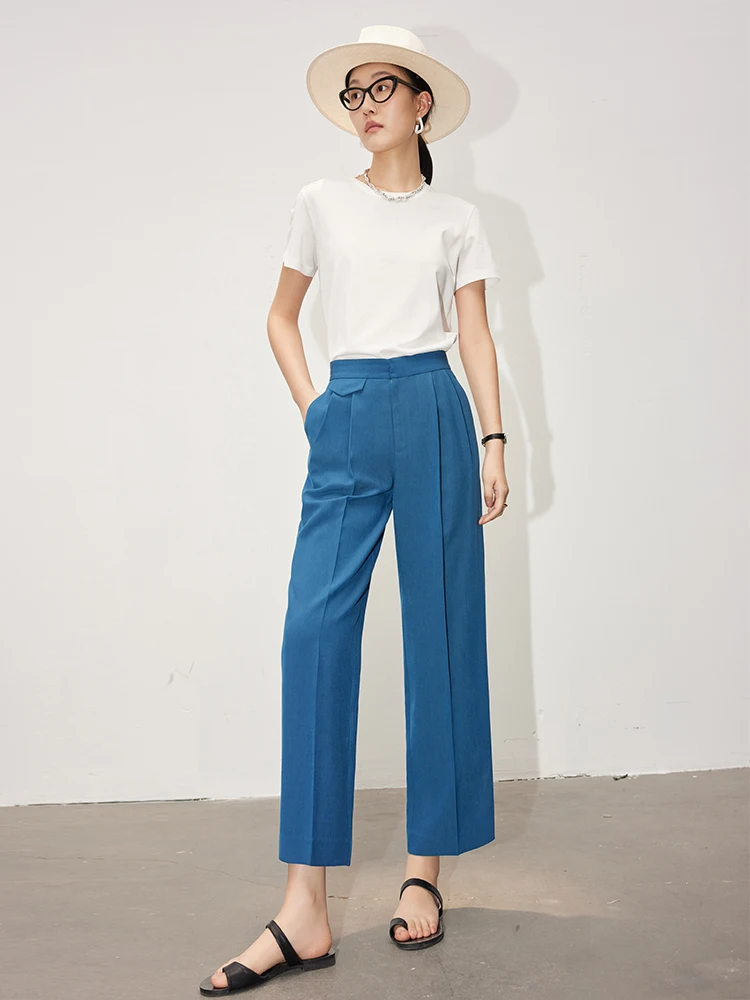 

Modern Straight Leg Casual Pants Women's High Waist Nine Points Polyester Blend Commute Sle Korean Faion Summer Cool